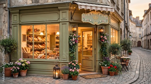 Charming Parisian Bakery with Freshly Baked Goods and Floral Decorations
