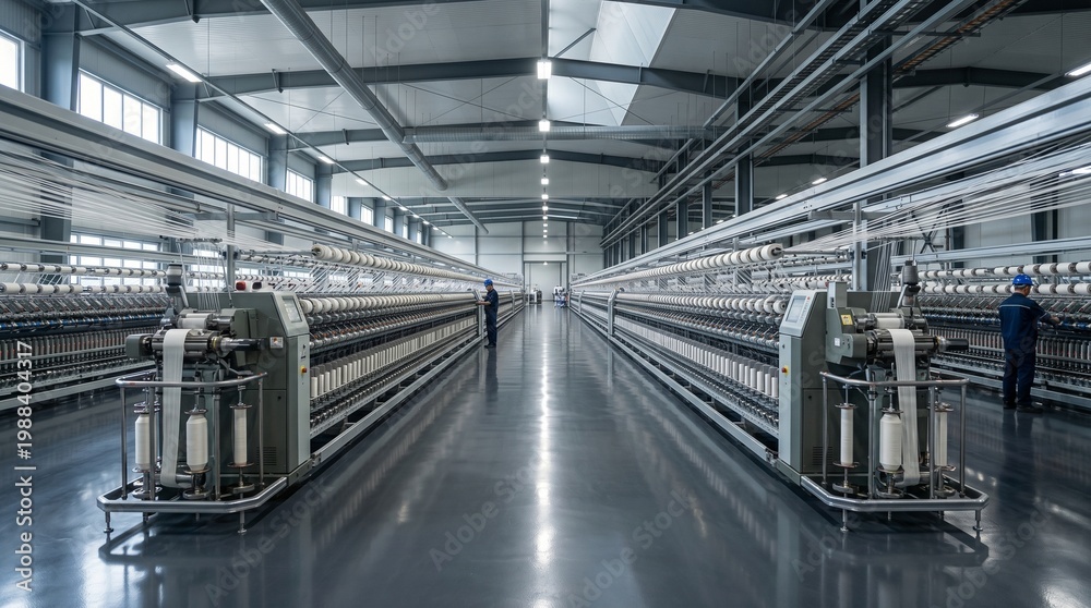 Obraz premium Modern textile factory with automated spinning machines producing threads. Clean, high-tech industrial environment showcasing efficient large-scale manufacturing