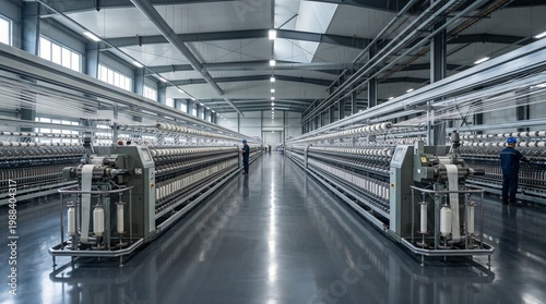 Modern textile factory with automated spinning machines producing threads. Clean, high-tech industrial environment showcasing efficient large-scale manufacturing