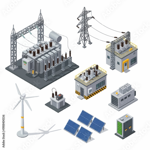 Electrical power generation and distribution infrastructure elements.