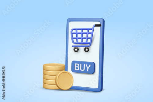 3d vector of smartphone with shopping cart button and gold coins on blue background for online delivery concept marketing mobile application commerce store promotion business finance payment icon