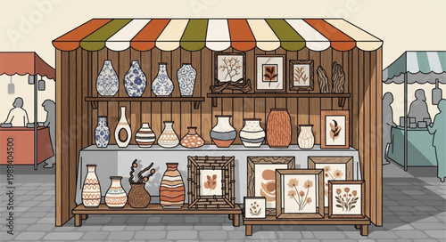 Outdoor Market Stall Displaying Pottery and Artwork.