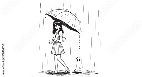 Girl walks with ghost on rainy day under umbrella