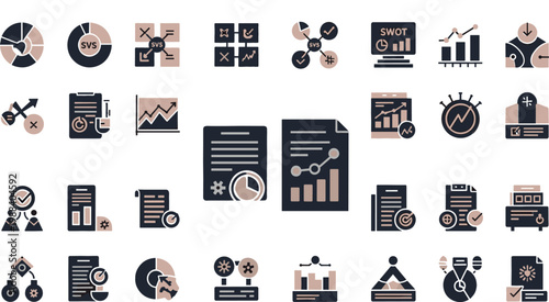 Business Analytics and Financial Management Icon Set Featuring Data Visualization, Reports, Growth Charts, Strategy Planning, Performance Metrics, and Corporate Finance Symbols