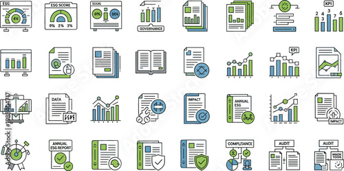 Business analytics and financial report icons set featuring data charts, documents, audit, accounting, statistics, performance analysis and office paperwork vector illustration