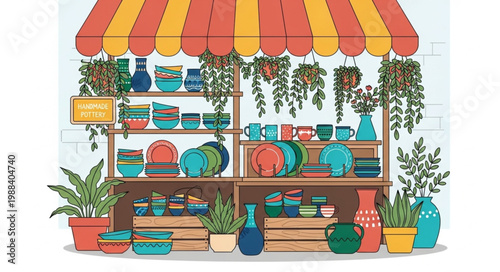 Outdoor Market Stall Filled with Colorful Pottery and Plants.