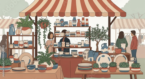 Outdoor Market Stall with Diverse Goods and Shoppers.