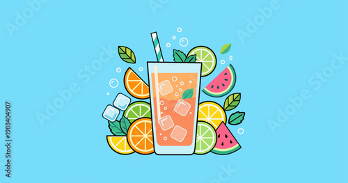 Fresh summer fruit juice relaxing flat vector illustration