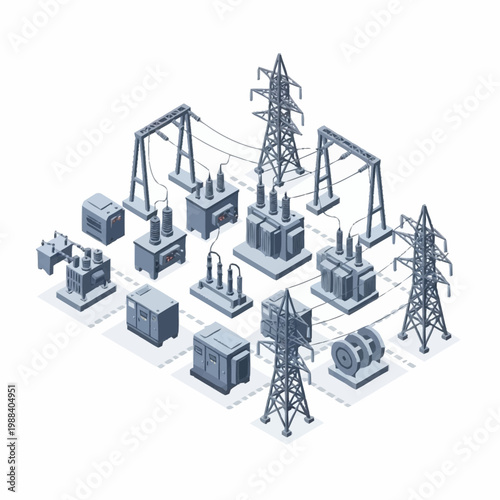 Electrical substation with power lines and transformers.