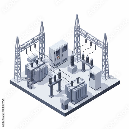 Electrical substation with transformers and power lines isometric view.