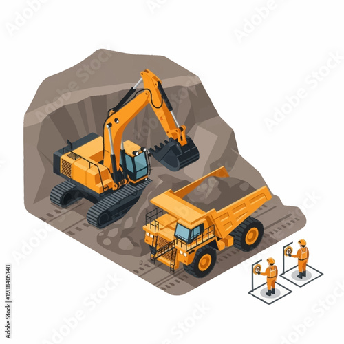 Heavy machinery excavating earth with workers overseeing operations.