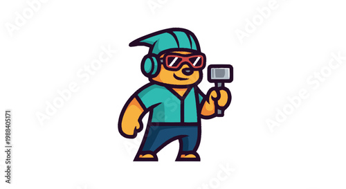 Cartoon character with sunglasses and headphones holding a camera on white background