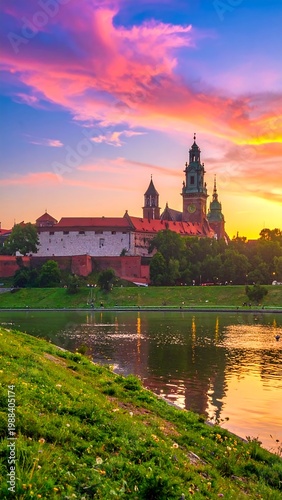 Historic castle illuminated by vibrant sunset reflecting on tranquil water