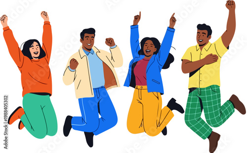 Diverse happy people jumping in celebration, group of joyful multiethnic friends cheering together, flat vector illustration of successful team