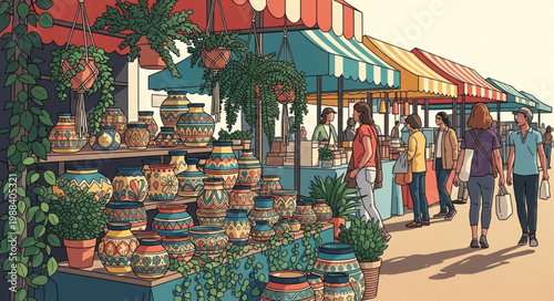 Outdoor Market Stalls with Colorful Awnings and Pottery Displays.
