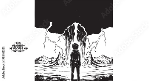 Weather Controller Standing Before Dark Stormy Landscape