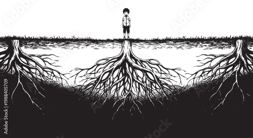 Boy standing on soil with exposed roots