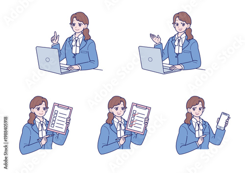 スーツ姿の若い女性の上半身のポーズセット