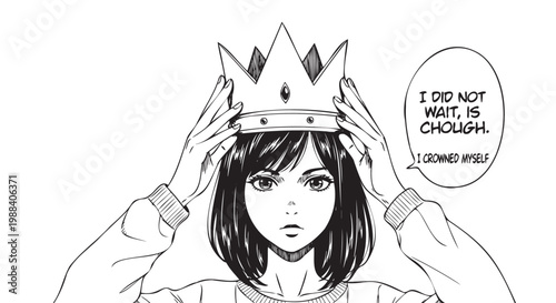 Girl Places Crown on Head, Empowered