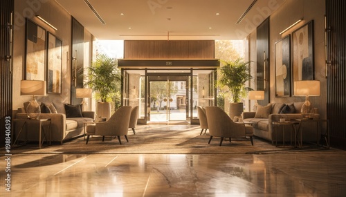 Wideangle view of theater lobby showcasing warm matinee lighting comfortable seating and stylish décor with main entrance signage crisply focused.