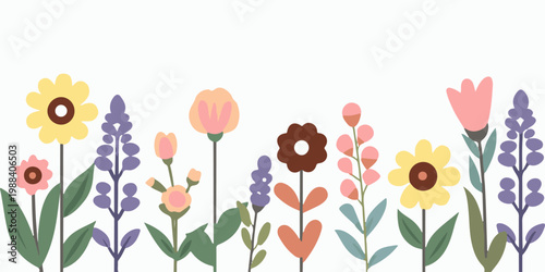 Bright vector illustration of a summer flower meadow with various stylized wildflowers on a white background