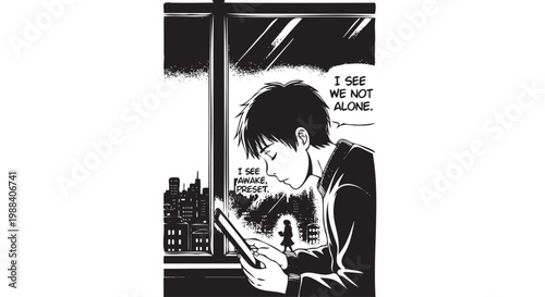 Boy looking at phone by window with city view and eerie speech bubbles