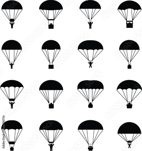 Black and White Parachute Icons with Skydivers