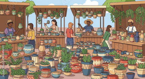 Outdoor Plant Market Scene with Shoppers and Vendors.