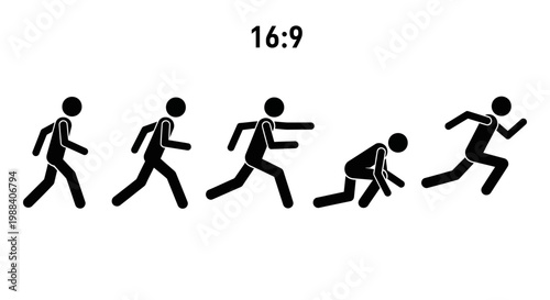 Running Stick Figures Sequence Depicting Stages Of Sprinting With 16:9 Aspect Ratio