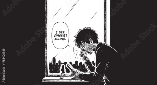 Lonely man looking out window with city view and quote