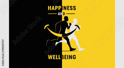 Running Towards Happiness And Wellbeing, Illustrated Wellness Concept In Contemporary Design
