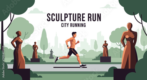 Sculpture Run: Athletic Male Embodies Urban Sprinting Amidst City Statues