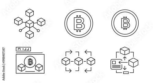 Bitcoin Cryptocurrency Blockchain Technology Icons Set.