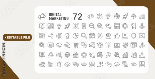 Digital marketing line icons set. Marketing outline icons collection. Website, seo, social media, online advertising, mail, content, strategy, target, feedback, store - stock vector.