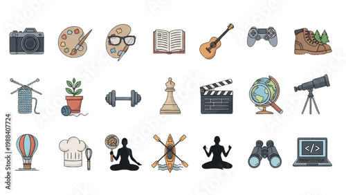 Array of Hobbies: A vibrant collection of icons representing a diverse range of hobbies and leisure activities, perfect for illustrating the joys of free time.