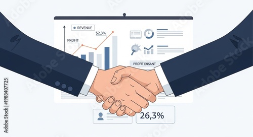 Business partners shaking hands over financial report charts.