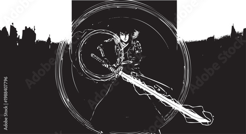 Samurai Warrior with Sword in Black and White