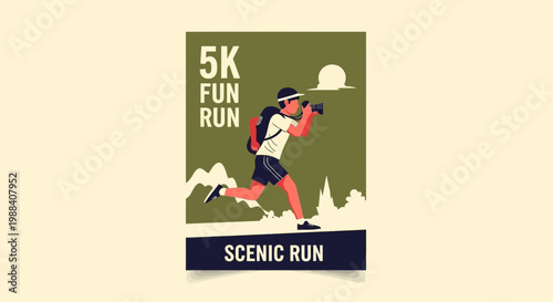 Scenic 5K Fun Run Illustration: A Runner Capturing Nature's Beauty in a Race