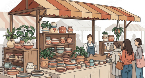 Outdoor pottery market stall with diverse ceramic items and customers browsing.