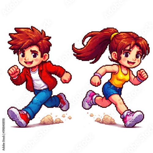 Pixel art running boy and girl characters retro game style colorful animation sprites
