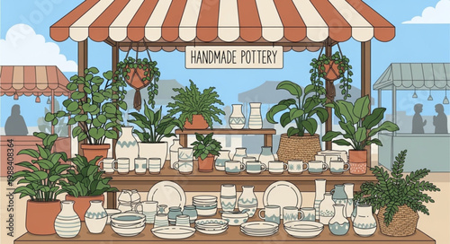 Outdoor pottery market stall with plants and ceramics displayed under a striped awning.