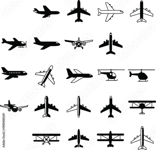 Diverse Aircraft Icons: Planes, Helicopters, and Biplanes