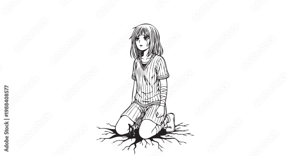 Obraz premium Sad Anime Girl Emerging from Dark Roots