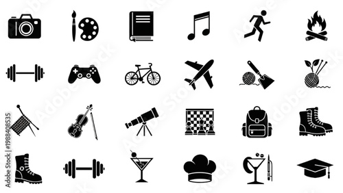 Assorted Icons of Leisure: A curated collection of monochromatic icons representing a spectrum of hobbies and pastimes, inviting exploration and engagement.