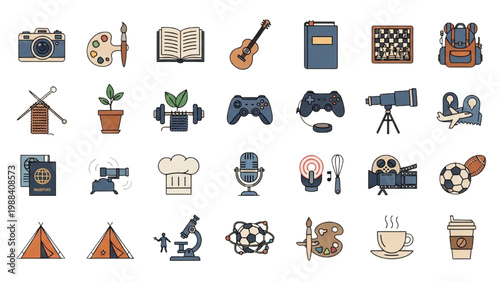 Collection of Leisure Icons: A vibrant assortment of icons capturing a range of leisure pursuits, from photography to culinary arts, reflecting the diversity of hobbies and interests.
