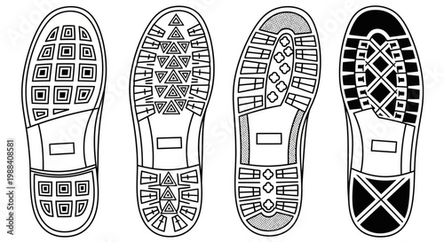 Shoe Sole Print Designs Depicting Various Tread Patterns in Modern Minimalist Style