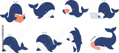 Cute Whale Character Illustration Set Featuring Cartoon Marine Animals in Different Poses with Laptop, Sleeping, and Daily Activity Scenes for Kids Design