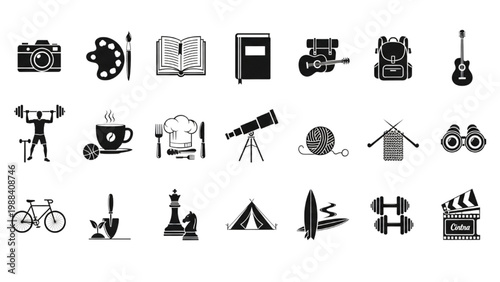 Hobbies & Interests Icon Set: A comprehensive collection of iconic symbols, representing a variety of common recreational activities, creative pursuits, and leisure interests.