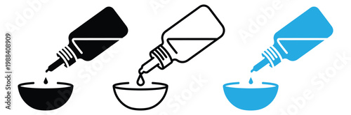 Three icons of dropper bottles pouring liquid into bowls in black, Line art, And blue on white background for medical, Healthcare, And cosmetic concepts
