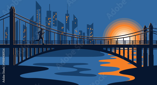 Silhouette Of A Runner On A Bridge As The Sun Sets Over A City Metropolis At Dusk